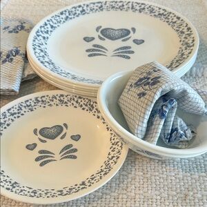 Corelle By Corning Country Blue Hearts 10.25"x5 Plates,6.75”x1 5.5”x2 bowl set